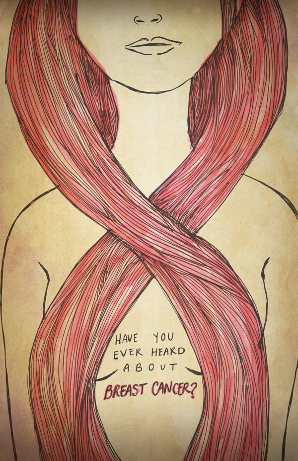 illustration of woman with long pink hair covering her breasts
