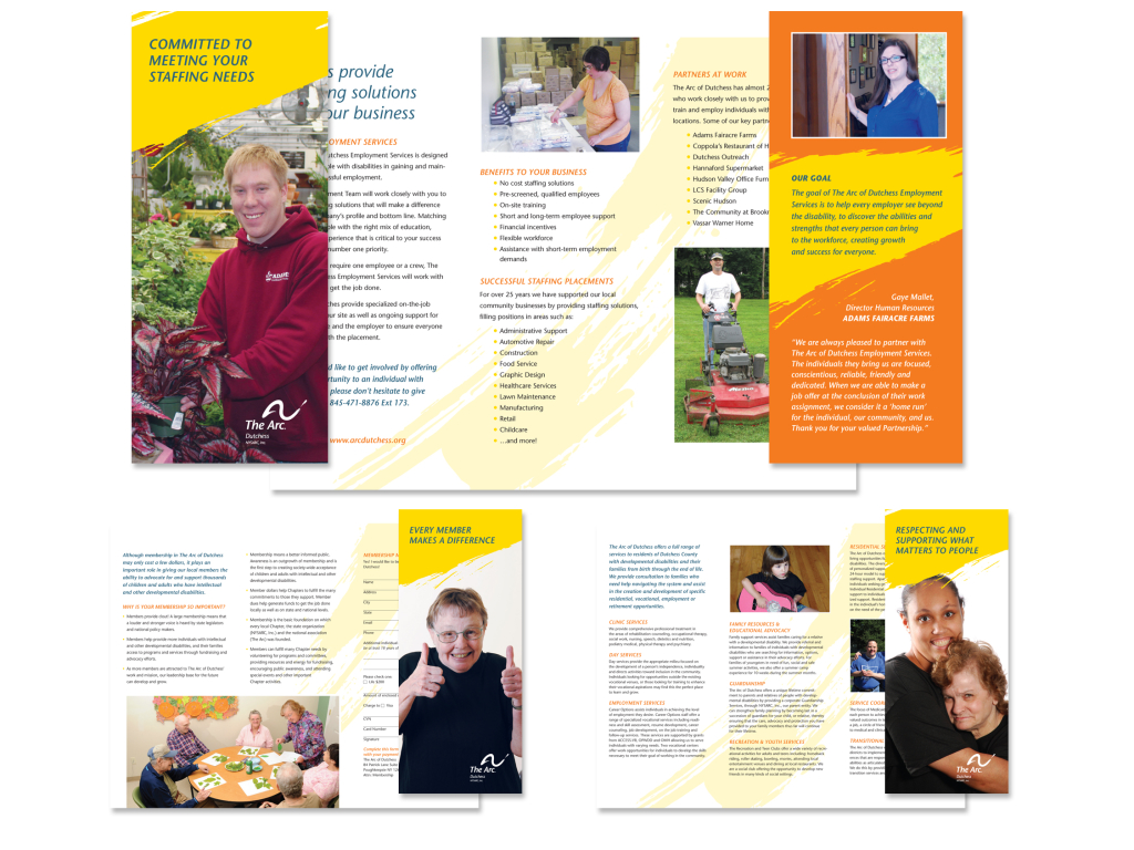 The Arc of Dutchess developed a suite of brochures in order to target three distinct audiences: potential clients, donors, and corporate participants in their work program.