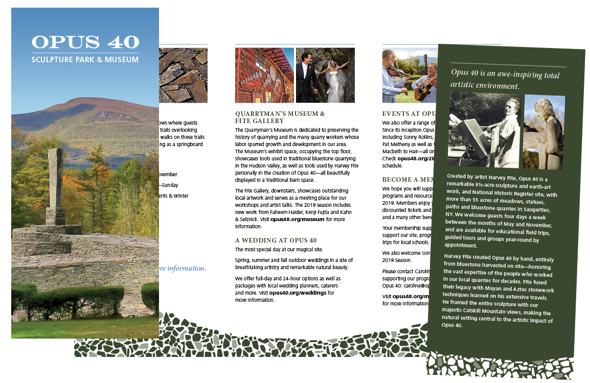 Trifold brochure for Opus 40 showing photos of their site