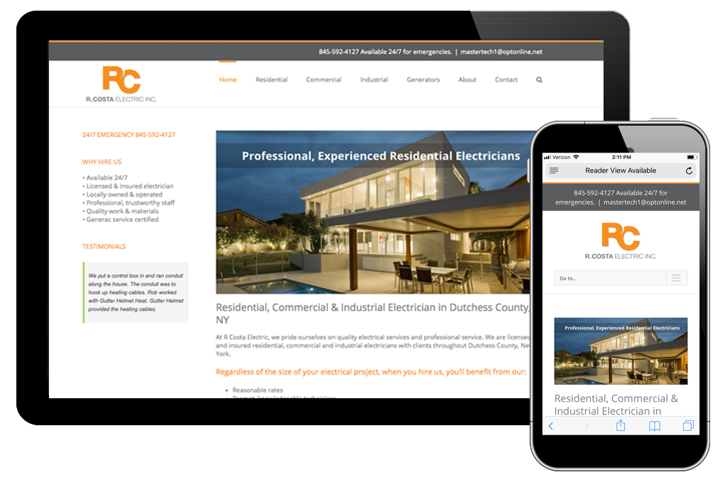 Photo of home page on R Costa Electric website