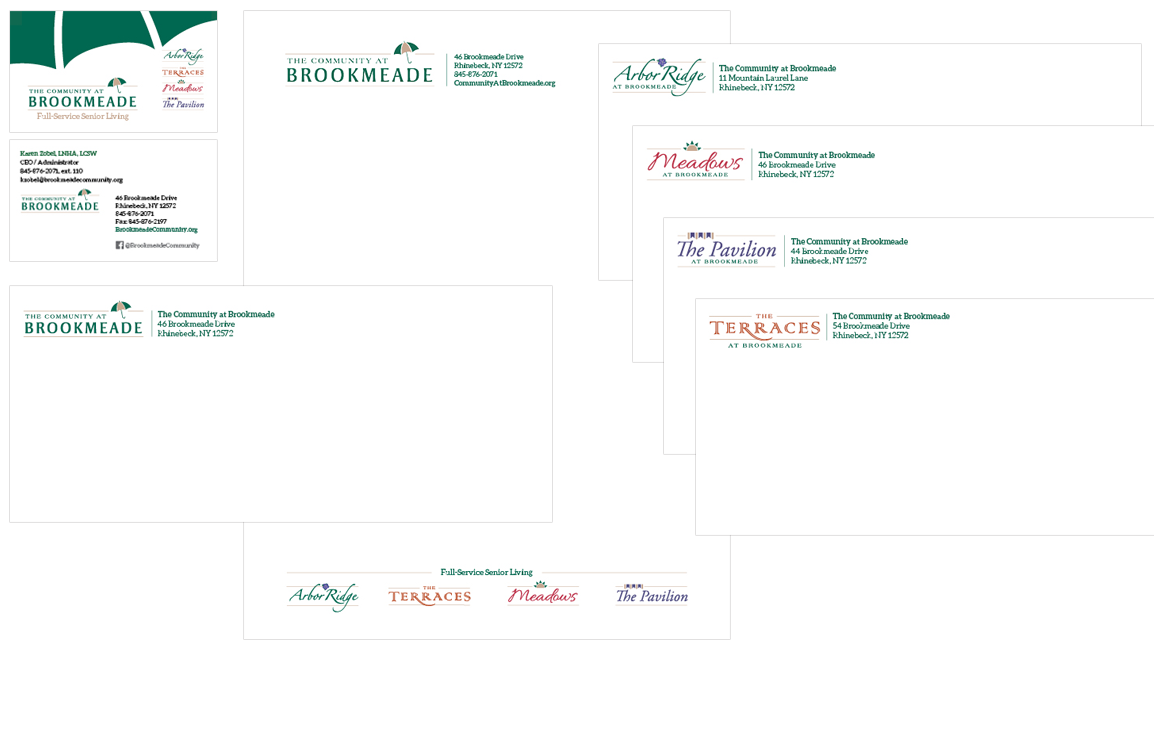 photo of business card, letterhead and envelopes for all of the entities at the community of Brookmeade