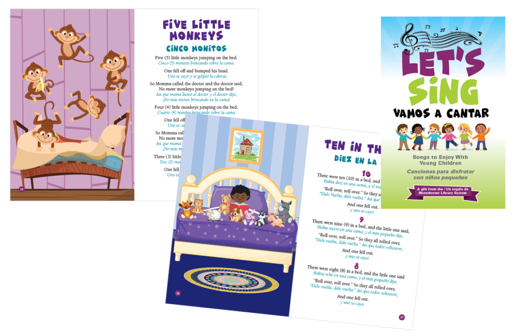 image of pages from the Let's Sing song book in Spanish and English