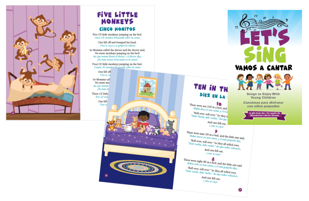 wls-song-home image of pages from the Let's Sing song book in Spanish and English