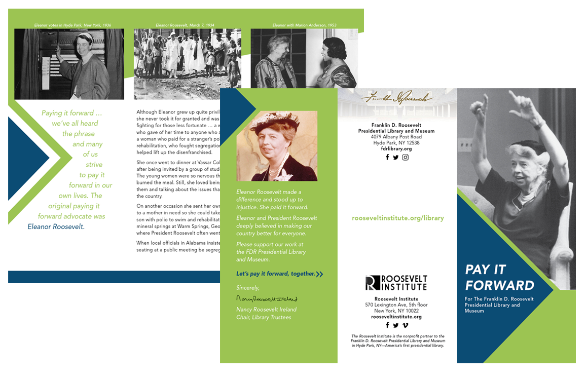 image of tri-fold brochure annual appeal for The Roosevelt Institute