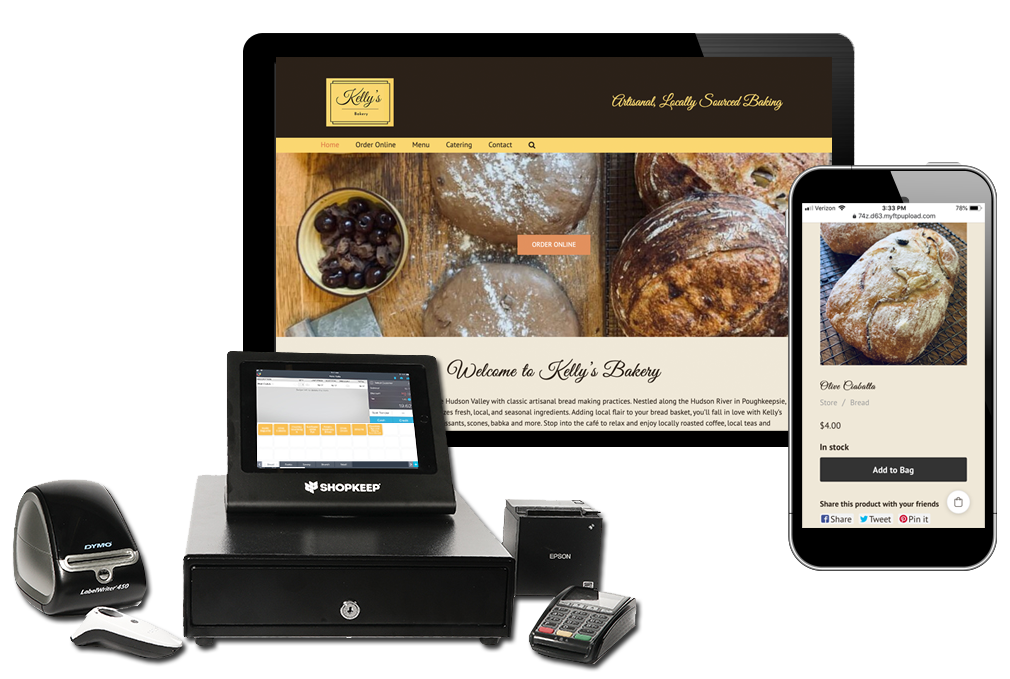 image that shows store point of sale setup with ipad and cash register as well as online store on phone and desktop