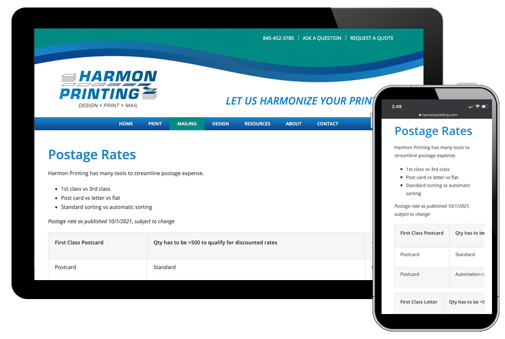 Harmon Printing postage rates page