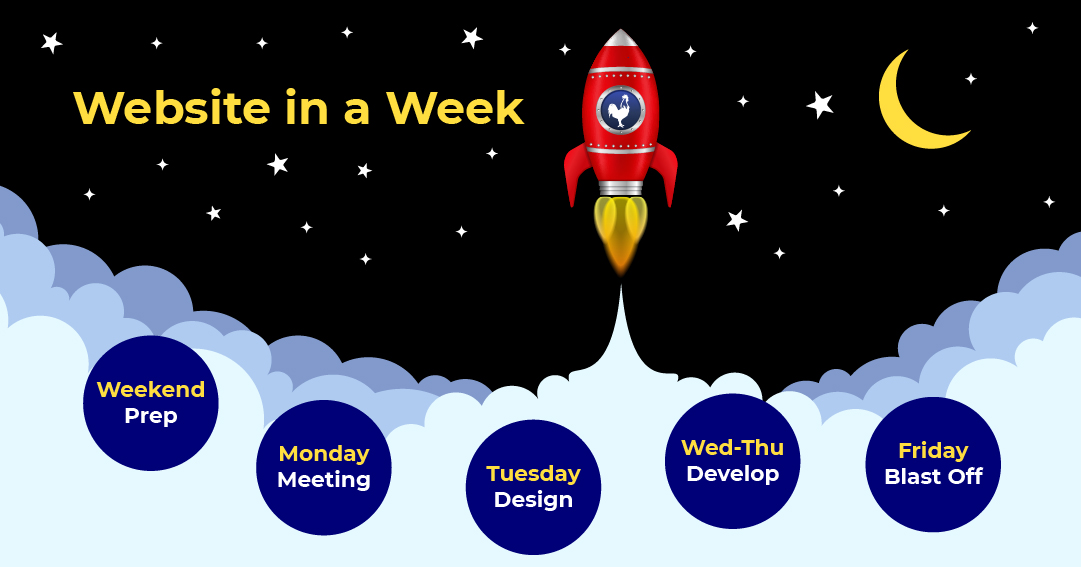 Website in a Week infographic Website in a Week graphic of a rocket taking off