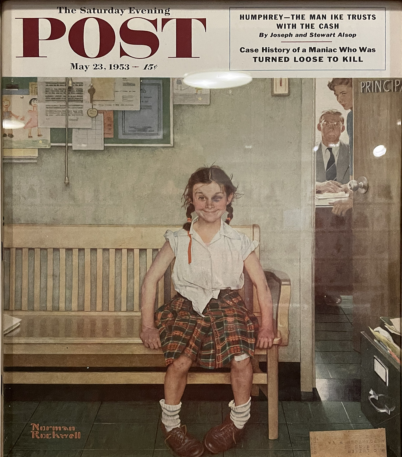 Girl with black eye outside principal's office by Normal Rockwell