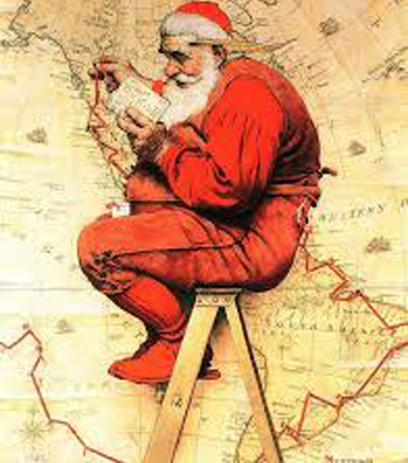 santa with world map by Normal Rockwell