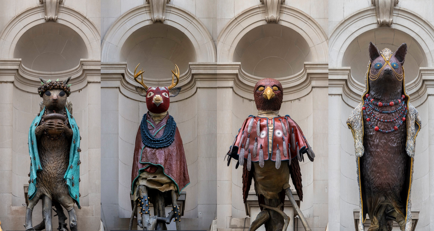 Jeffrey Gibson Met full Facade with figures of a squirrel, a deer, a hawk and a coyote